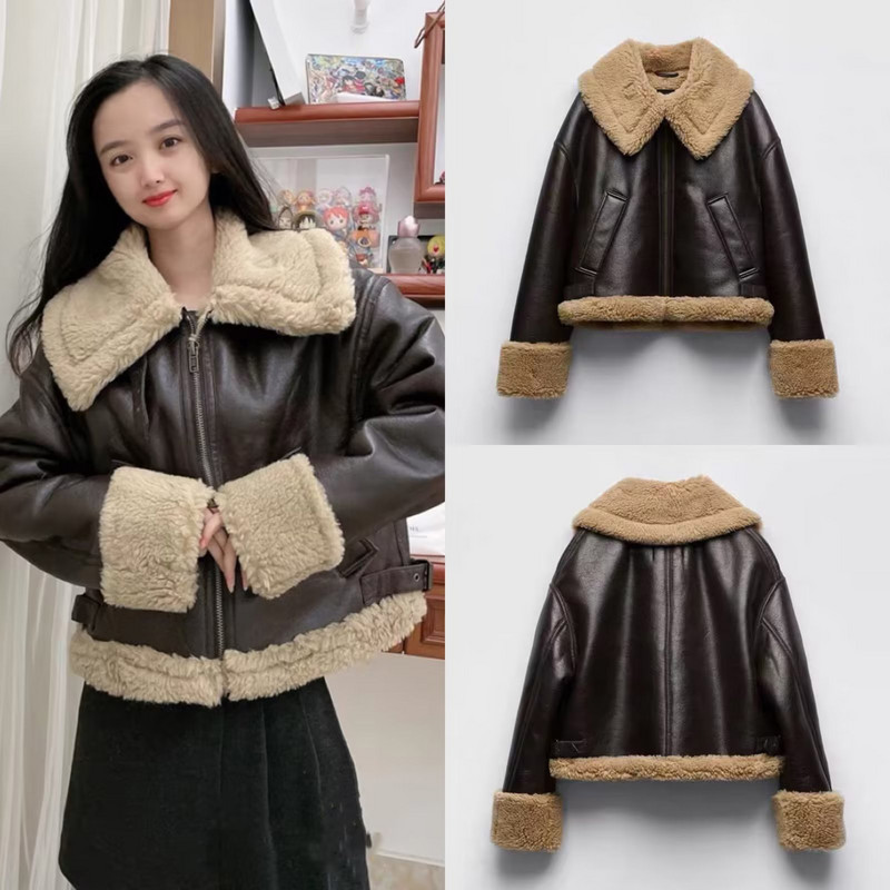 Jachetă de piele de toamnă iarnă, de designer de femei, paltoane scurte de lux, blană de lână, îmbrăcăminte caldă, jachetă matlasată de miel, costume nou în îmbrăcăminte exterioară