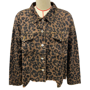 Дънково палто 2023 Есенно ново реколта Късо едноредно дънково яке с дълъг ръкав с леопардов принт за жени