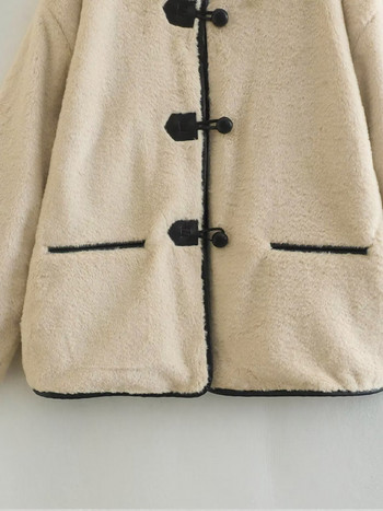 Космати якета Дамски 2023 Есен Зима Фалшиви вълнени О-образно деколте Дамско палто с едноредов джоб Универсално ежедневни дамски дрехи