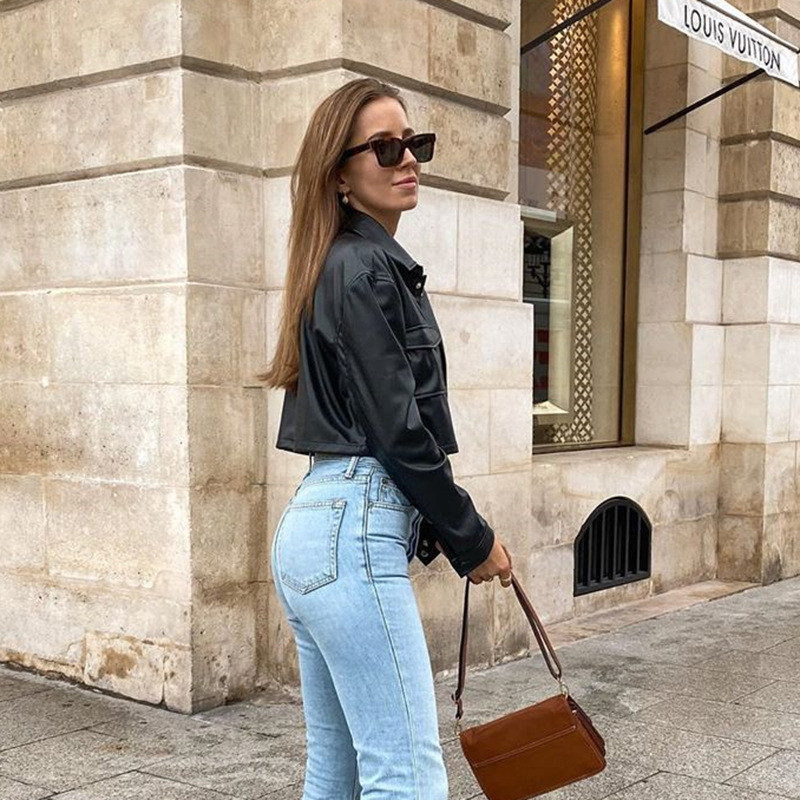 Temperament de primăvară și toamnă Navetiță neagră Imitație de piele Pu Tip slăbit Rever cu mânecă lungă Piele Femei