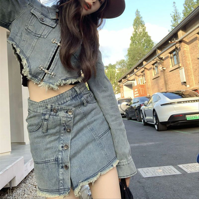 Vintage mini džinsu komplekti sievietēm Apģērbi Neregulāri Mini svārki Džinsu jakas 2023. gada pavasaris Jaunums dizaineru korejiešu modes tērpos