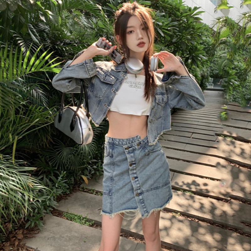 Vintage mini džinsu komplekti sievietēm Apģērbi Neregulāri Mini svārki Džinsu jakas 2023. gada pavasaris Jaunums dizaineru korejiešu modes tērpos