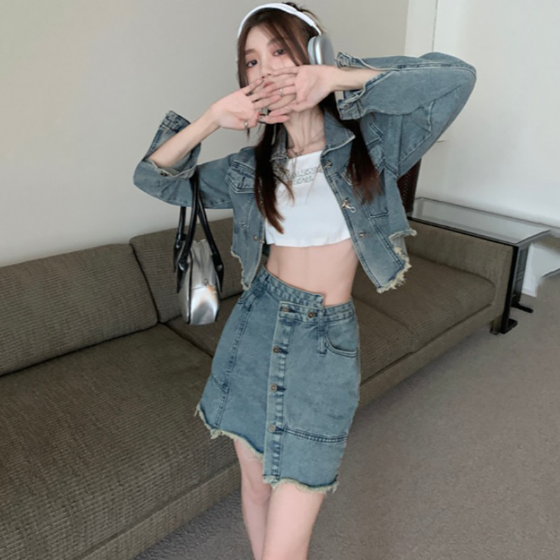 Vintage mini džinsu komplekti sievietēm Apģērbi Neregulāri Mini svārki Džinsu jakas 2023. gada pavasaris Jaunums dizaineru korejiešu modes tērpos