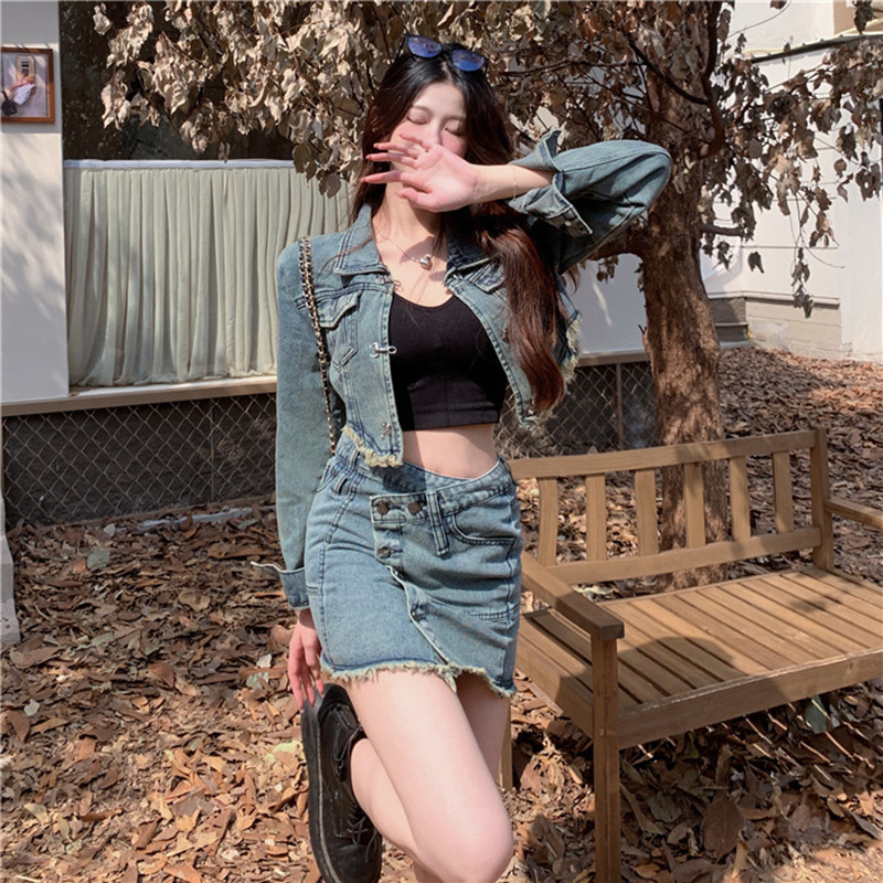 Vintage mini džinsu komplekti sievietēm Apģērbi Neregulāri Mini svārki Džinsu jakas 2023. gada pavasaris Jaunums dizaineru korejiešu modes tērpos