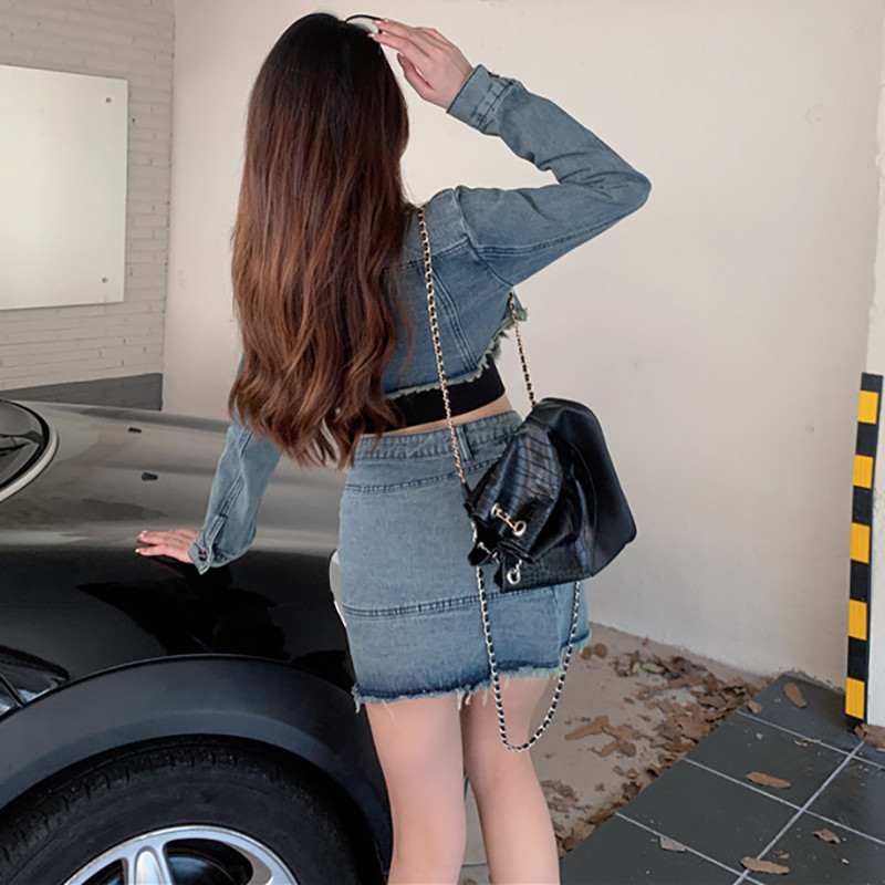 Vintage mini džinsu komplekti sievietēm Apģērbi Neregulāri Mini svārki Džinsu jakas 2023. gada pavasaris Jaunums dizaineru korejiešu modes tērpos