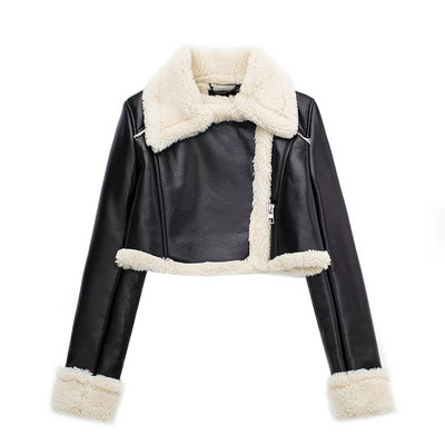 Ikdienas mākslīgās jēra vilnas īsā jaka 2023. gada rudens, garām piedurknēm, nolaižamām apkaklītēm, rāvējslēdzējs, ziemas mētelis, sieviešu, elegantas ielas apģērba jakas