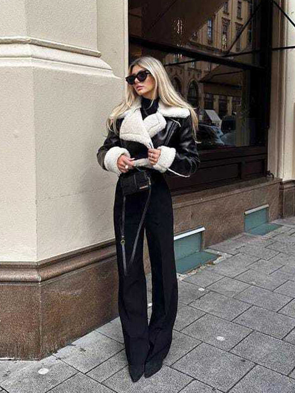 Ikdienas mākslīgās jēra vilnas īsā jaka 2023. gada rudens, garām piedurknēm, nolaižamām apkaklītēm, rāvējslēdzējs, ziemas mētelis, sieviešu, elegantas ielas apģērba jakas