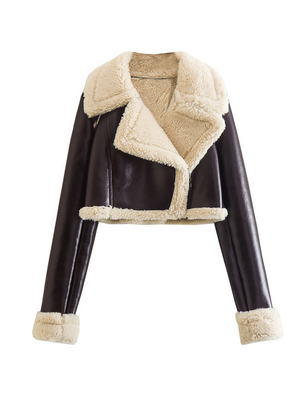 Ikdienas mākslīgās jēra vilnas īsā jaka 2023. gada rudens, garām piedurknēm, nolaižamām apkaklītēm, rāvējslēdzējs, ziemas mētelis, sieviešu, elegantas ielas apģērba jakas