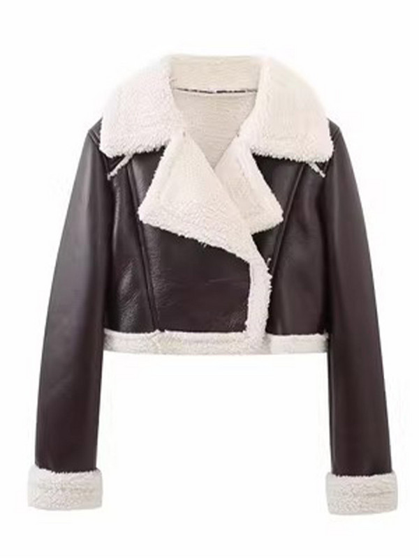 Ikdienas mākslīgās jēra vilnas īsā jaka 2023. gada rudens, garām piedurknēm, nolaižamām apkaklītēm, rāvējslēdzējs, ziemas mētelis, sieviešu, elegantas ielas apģērba jakas