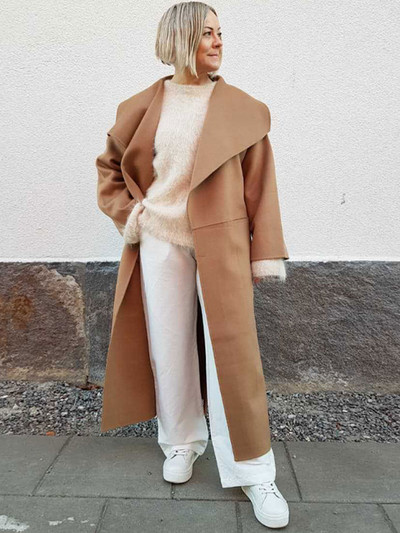 Masīva mākslīgās vilnas gara mētelis sievietēm, kabatas ar apkakli, kokvilnas maksi, jakas