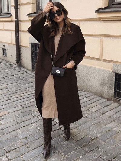 Masīva mākslīgās vilnas gara mētelis sievietēm, kabatas ar apkakli, kokvilnas maksi, jakas