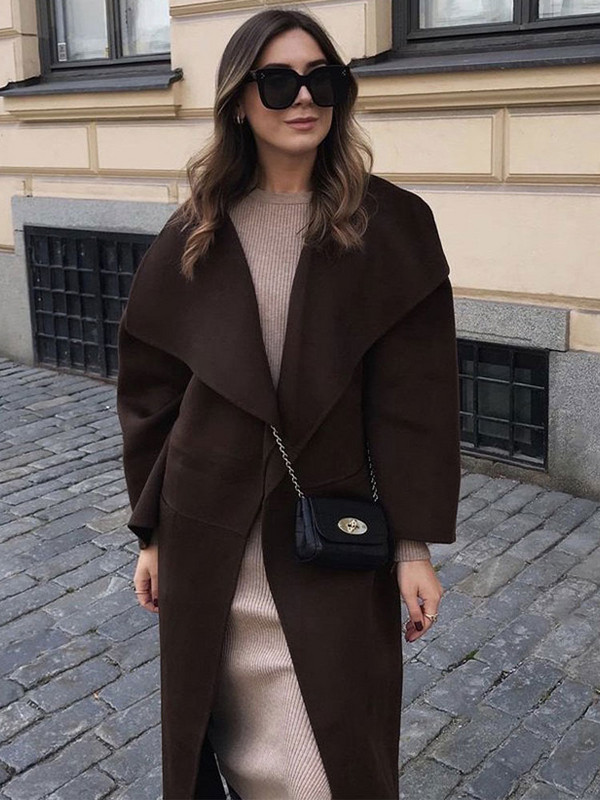 Masīva mākslīgās vilnas gara mētelis sievietēm, kabatas ar apkakli, kokvilnas maksi, jakas