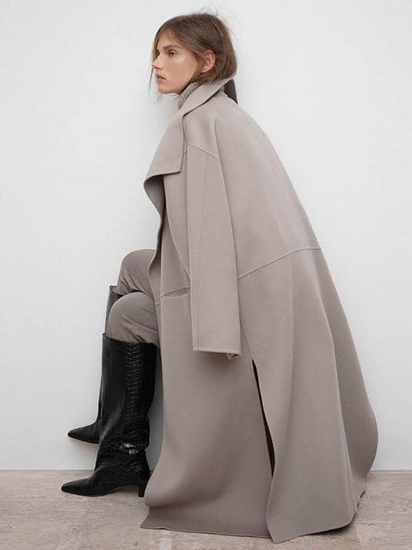 Masīva mākslīgās vilnas gara mētelis sievietēm, kabatas ar apkakli, kokvilnas maksi, jakas