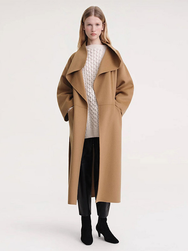 Masīva mākslīgās vilnas gara mētelis sievietēm, kabatas ar apkakli, kokvilnas maksi, jakas