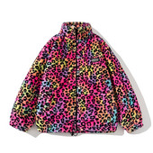 Iarnă leopard haine căptușite din bumbac Jachetă cu fermoar de pluș pentru femei, la modă, haină caldă de stradă.