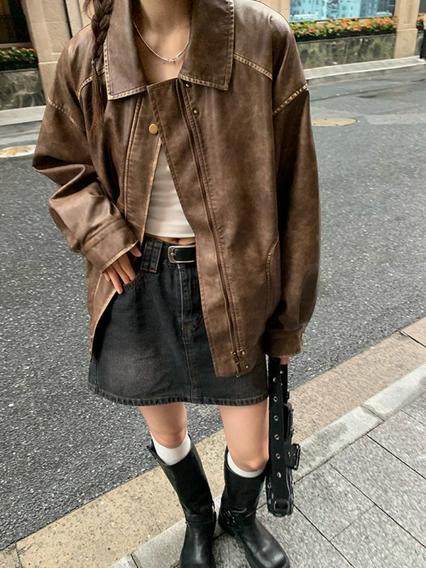 Nouă Toamnă Iarnă Femei American Vintage Mantoane din PU cu fermoar din piele artificială Jachetă bomber cu bani vechi, clasică, supradimensionată, estetică