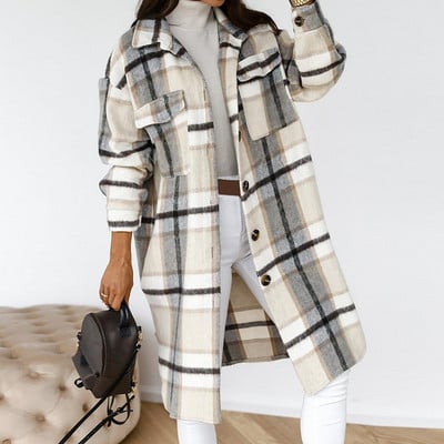 2023 Single Breasted Trench Coat Fashion Long Autumn Winter Women`s Clothing Long Sleeve Woolen Plaid Overcoat Coat