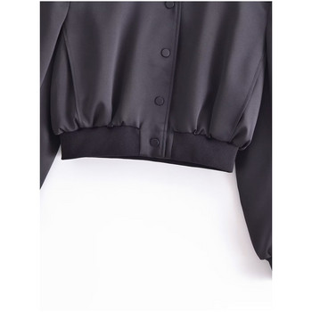 Сатенено черно яке Дамски шикозни дамски елегантни изрязани якета бомбър High Street Палто Топ Дамски 2023 г. Ново