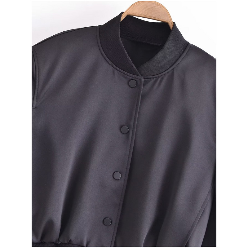 Satīna melna jaka sieviešu eleganta dāmu eleganta apgriezta bomberjaka High Street Coat sieviešu augšdaļa, 2023 jaunums