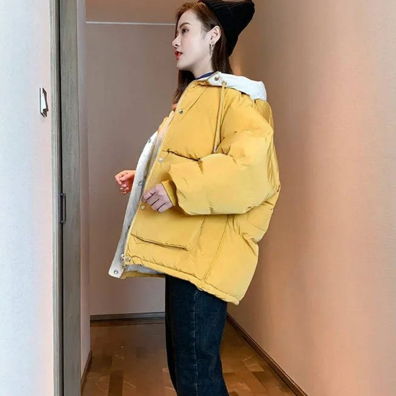 Parka de iarnă pentru femei, jachetă din bumbac cu glugă, pentru studenți, jachetă pufă, buzunare, matlasată, solidă, ocazională, de modă coreeană