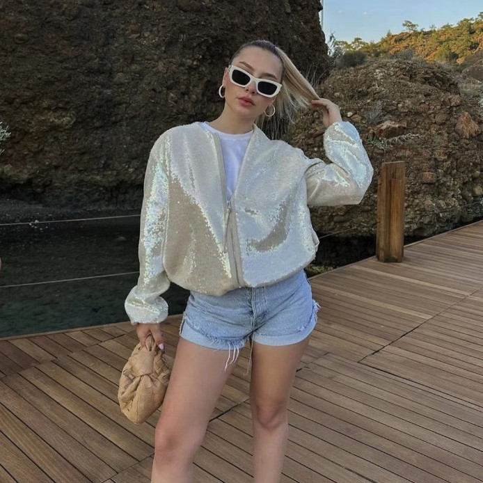 SLTNX Chic Jachetă Casual Femeie Moda Paiete Jachete Bomber pentru Femei Paltoane Doamnă O-Gât cu mânecă lungă Nouă îmbrăcăminte exterioară