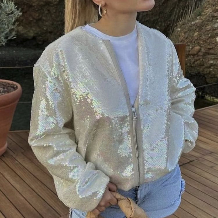SLTNX Chic Jachetă Casual Femeie Moda Paiete Jachete Bomber pentru Femei Paltoane Doamnă O-Gât cu mânecă lungă Nouă îmbrăcăminte exterioară