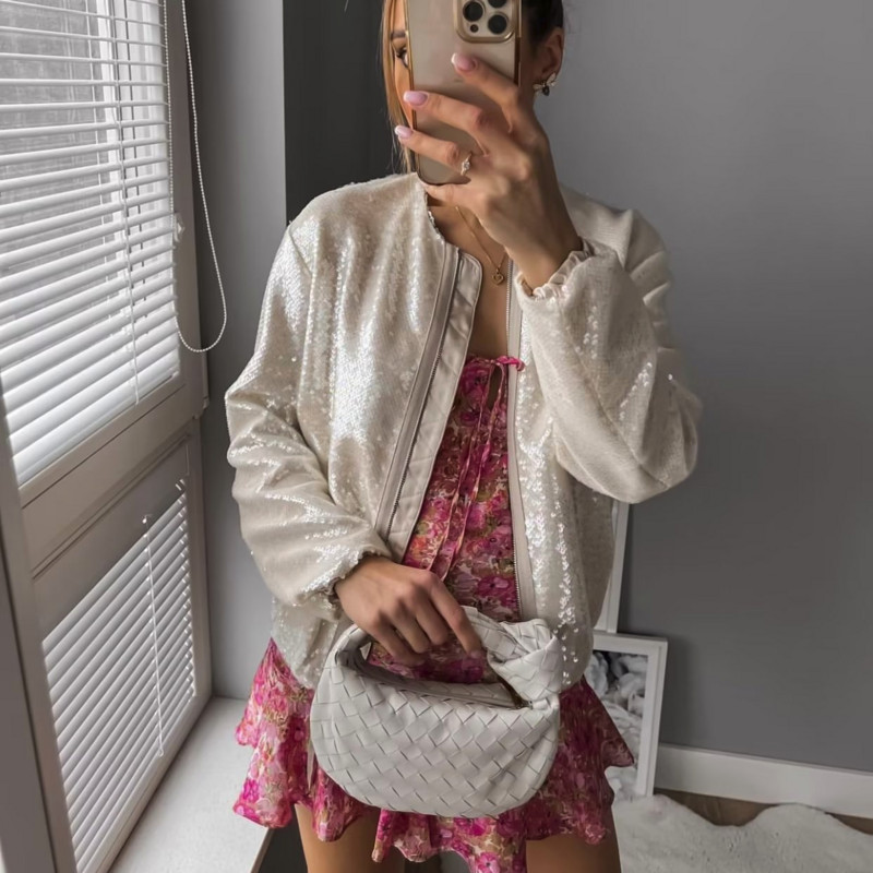 SLTNX Chic Jachetă Casual Femeie Moda Paiete Jachete Bomber pentru Femei Paltoane Doamnă O-Gât cu mânecă lungă Nouă îmbrăcăminte exterioară