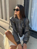 SLTNX Fashion Jachete Bomber din piele PU pentru femei, iarnă, paltoane pentru femei, cu gâtul în formă de O, cu mânecă lungă, îmbrăcăminte de stradă, îmbrăcăminte exterioară nouă