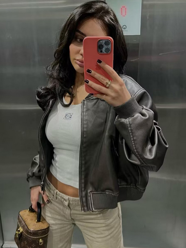 SLTNX Fashion Jachete Bomber din piele PU pentru femei, iarnă, paltoane pentru femei, cu gâtul în formă de O, cu mânecă lungă, îmbrăcăminte de stradă, îmbrăcăminte exterioară nouă