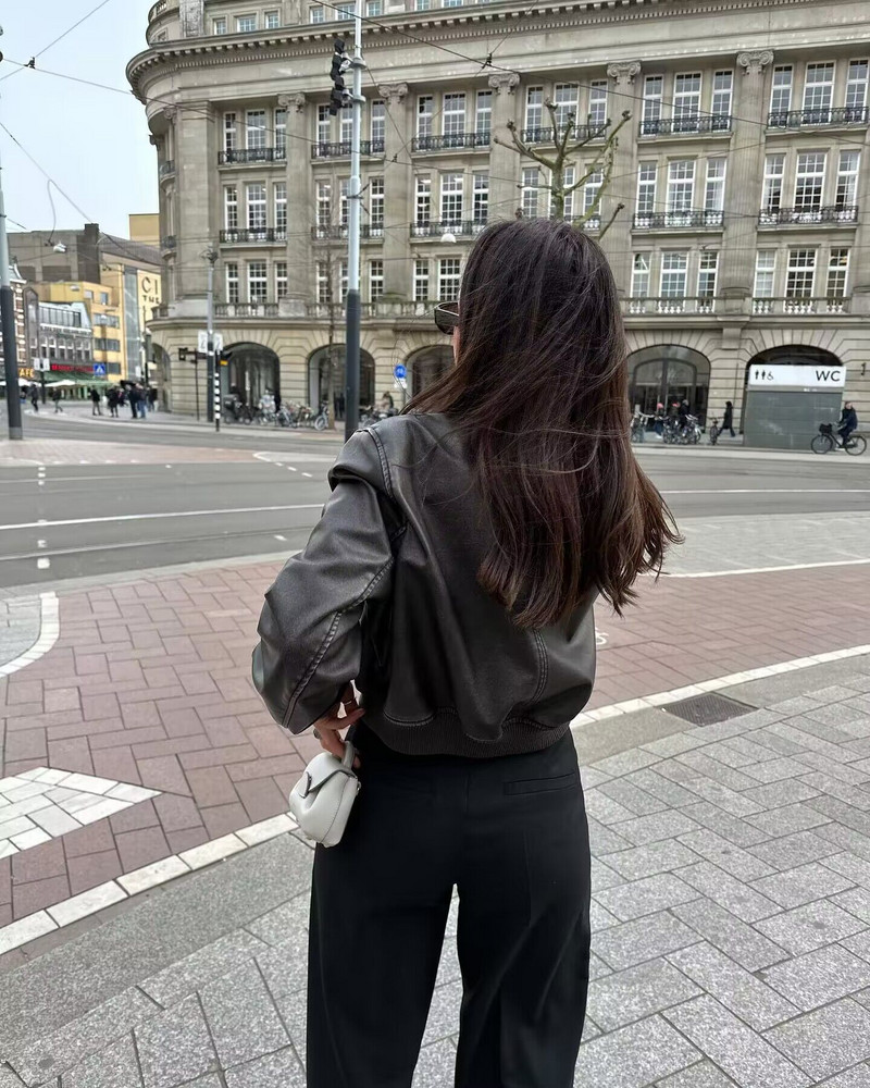 SLTNX Fashion Jachete Bomber din piele PU pentru femei, iarnă, paltoane pentru femei, cu gâtul în formă de O, cu mânecă lungă, îmbrăcăminte de stradă, îmbrăcăminte exterioară nouă