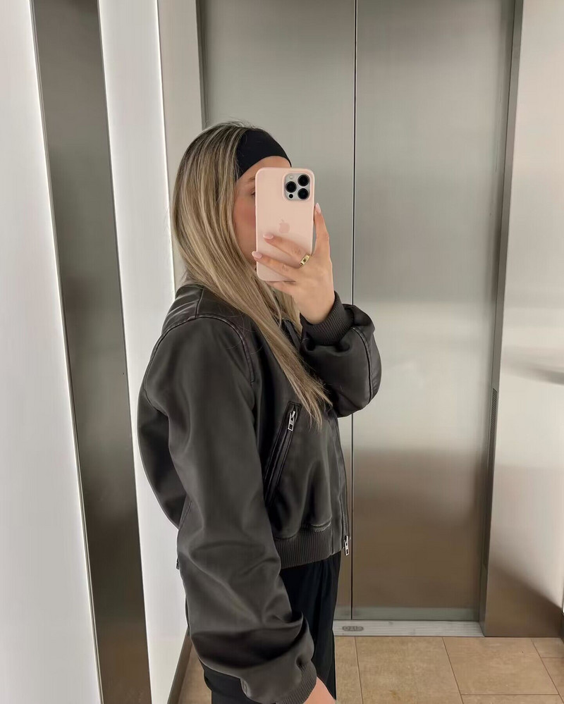 SLTNX Fashion Jachete Bomber din piele PU pentru femei, iarnă, paltoane pentru femei, cu gâtul în formă de O, cu mânecă lungă, îmbrăcăminte de stradă, îmbrăcăminte exterioară nouă