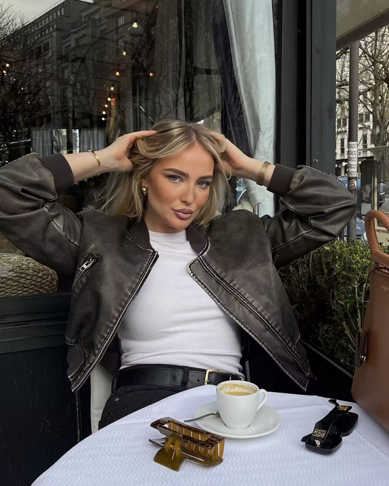 SLTNX Fashion Jachete Bomber din piele PU pentru femei, iarnă, paltoane pentru femei, cu gâtul în formă de O, cu mânecă lungă, îmbrăcăminte de stradă, îmbrăcăminte exterioară nouă