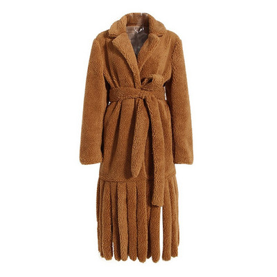 KBQ haină din lână de miel cu dantelă îmbinată pentru femei, cu rever cu mânecă lungă, solidă, casual, despărțită, largi, haine de iarnă pentru femei, stil nou