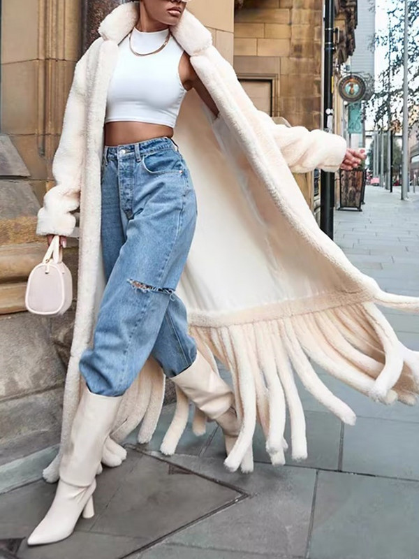 KBQ haină din lână de miel cu dantelă îmbinată pentru femei, cu rever cu mânecă lungă, solidă, casual, despărțită, largi, haine de iarnă pentru femei, stil nou