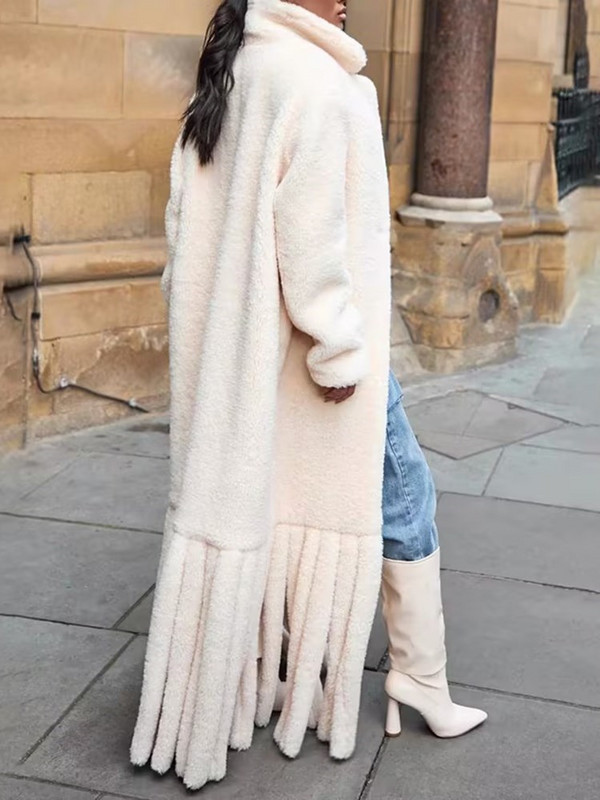 KBQ haină din lână de miel cu dantelă îmbinată pentru femei, cu rever cu mânecă lungă, solidă, casual, despărțită, largi, haine de iarnă pentru femei, stil nou