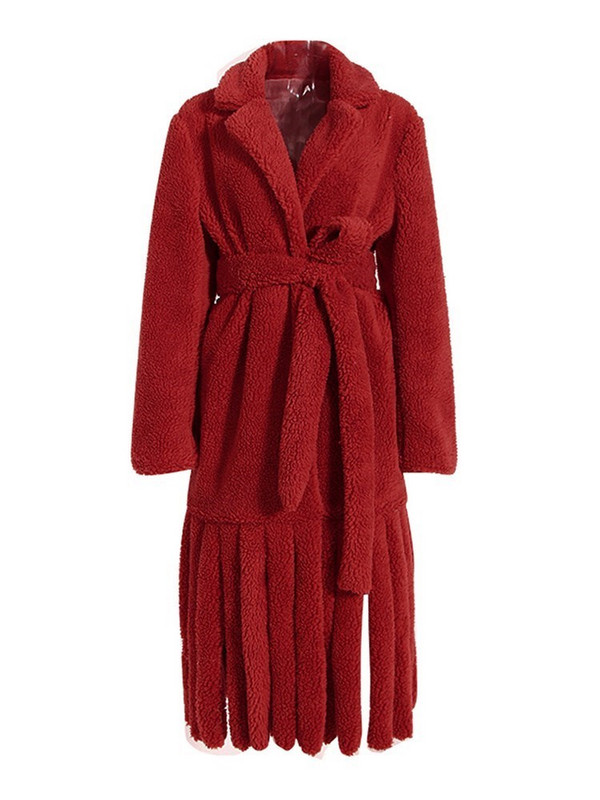 KBQ haină din lână de miel cu dantelă îmbinată pentru femei, cu rever cu mânecă lungă, solidă, casual, despărțită, largi, haine de iarnă pentru femei, stil nou