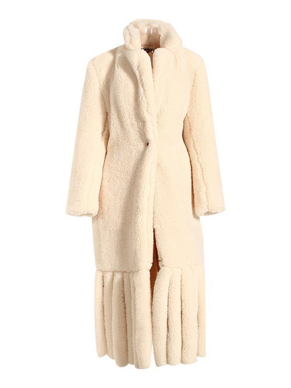 KBQ haină din lână de miel cu dantelă îmbinată pentru femei, cu rever cu mânecă lungă, solidă, casual, despărțită, largi, haine de iarnă pentru femei, stil nou