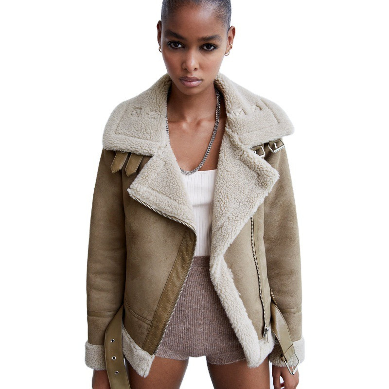 Parka groasă de iarnă Jachetă caldă din piele de căprioară de miel din lână pentru femei Jachete din piele sintetică din shearling haine scurte pentru motociclist