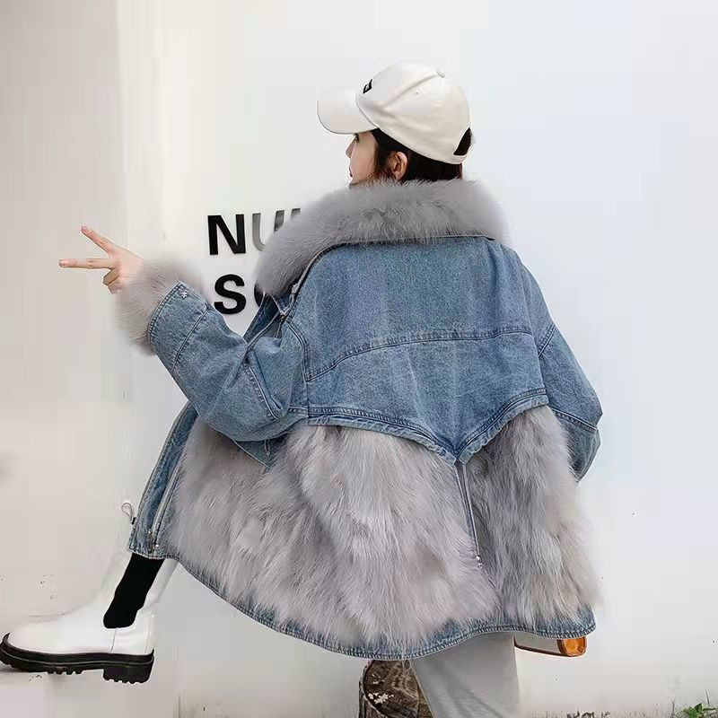 Jachetă groasă pentru femei, iarnă, toamnă, modă coreeană, parkas, blugi mozaic, haină dulce, cu guler răsturnat, jachetă de iarnă pentru femei