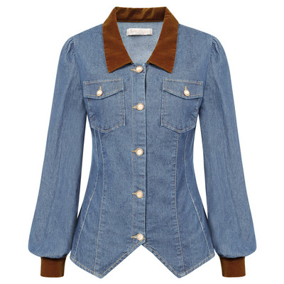 BP, haină vintage de jean pentru femei, culoare contrastantă, guler, batistă, tiv, cardigan, șal, rever, cămașă cu decolteu în V cu nasturi A30