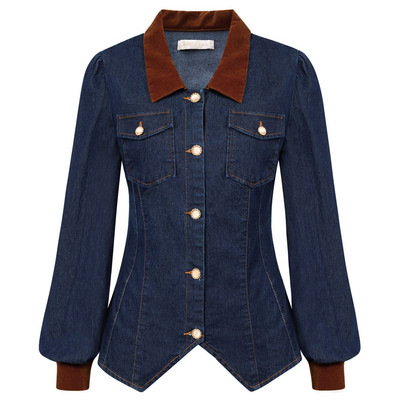 BP, haină vintage de jean pentru femei, culoare contrastantă, guler, batistă, tiv, cardigan, șal, rever, cămașă cu decolteu în V cu nasturi A30