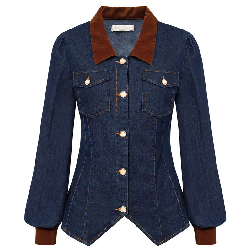 BP, haină vintage de jean pentru femei, culoare contrastantă, guler, batistă, tiv, cardigan, șal, rever, cămașă cu decolteu în V cu nasturi A30