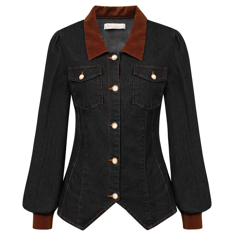 BP, haină vintage de jean pentru femei, culoare contrastantă, guler, batistă, tiv, cardigan, șal, rever, cămașă cu decolteu în V cu nasturi A30