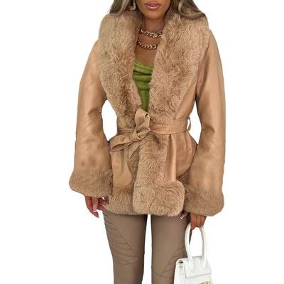 Sieviešu mākslīgās ādas ar mākslīgo kažokādu apkakli ar garām piedurknēm parka ar kabatām silts ziemas mētelis ar jostu