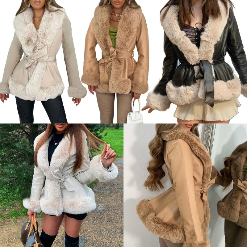 Sieviešu mākslīgās ādas ar mākslīgo kažokādu apkakli ar garām piedurknēm parka ar kabatām silts ziemas mētelis ar jostu