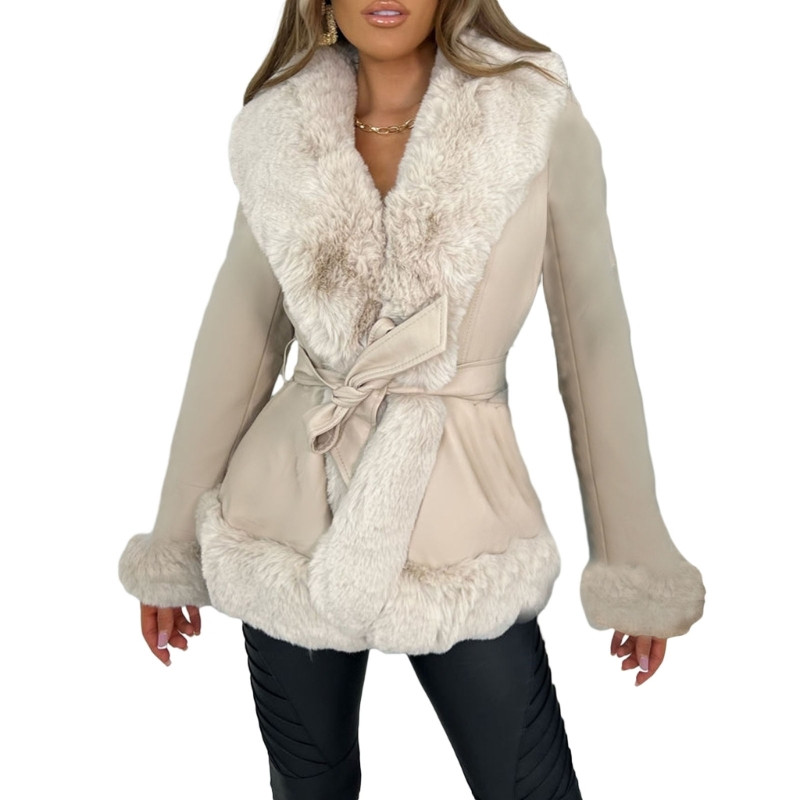 Sieviešu mākslīgās ādas ar mākslīgo kažokādu apkakli ar garām piedurknēm parka ar kabatām silts ziemas mētelis ar jostu