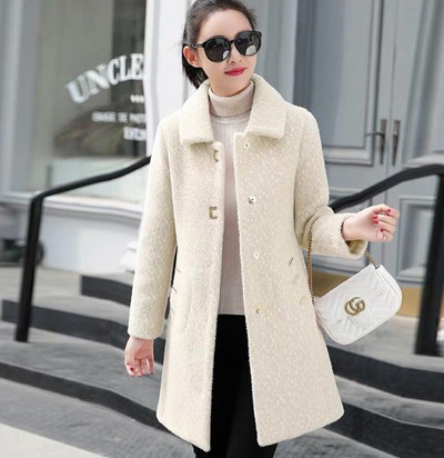 Jauns sieviešu korejiešu mākslīgās ūdeles vilnas vilnas jaka rudens ziemas, garš, biezināts zelta ūdeles vilnas mētelis sieviešu ikdienas silts mētelis