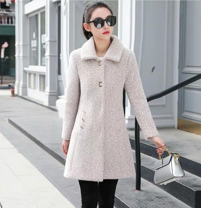 Jauns sieviešu korejiešu mākslīgās ūdeles vilnas vilnas jaka rudens ziemas, garš, biezināts zelta ūdeles vilnas mētelis sieviešu ikdienas silts mētelis