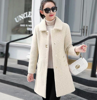 Jauns sieviešu korejiešu mākslīgās ūdeles vilnas vilnas jaka rudens ziemas, garš, biezināts zelta ūdeles vilnas mētelis sieviešu ikdienas silts mētelis