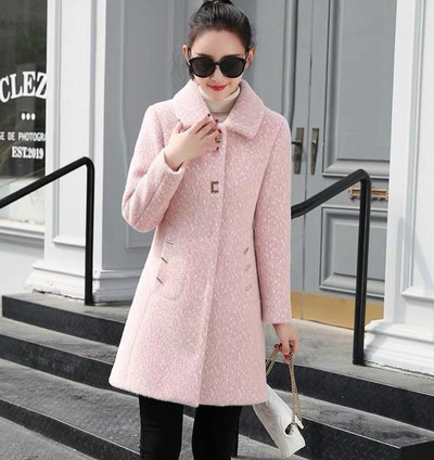 Jauns sieviešu korejiešu mākslīgās ūdeles vilnas vilnas jaka rudens ziemas, garš, biezināts zelta ūdeles vilnas mētelis sieviešu ikdienas silts mētelis